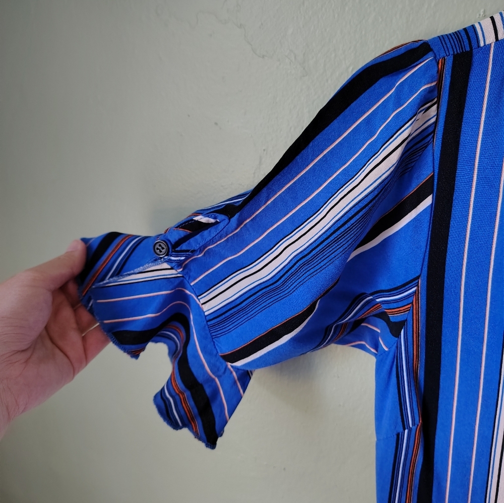 Band Of Gypsies Women's Medium Blue Striped Short-sleeve Wrap-style Mini Dress - Picture 9 of 13